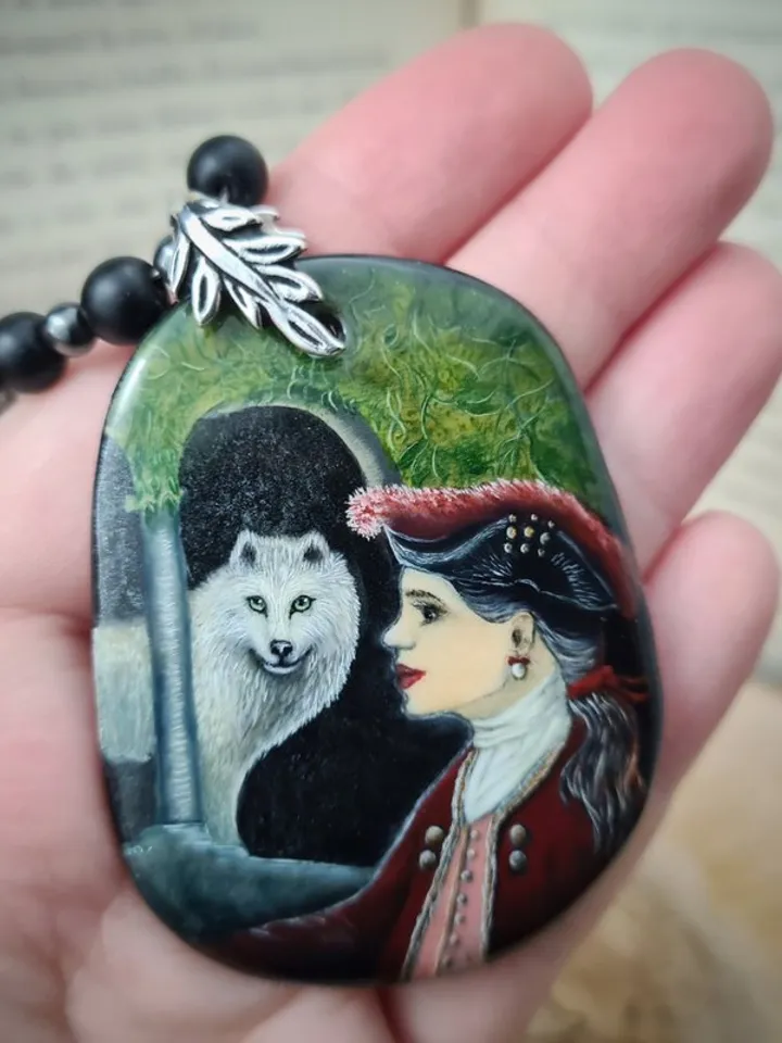 Girl with a white wolf necklace Miniature on agate Hematite and shungite beads