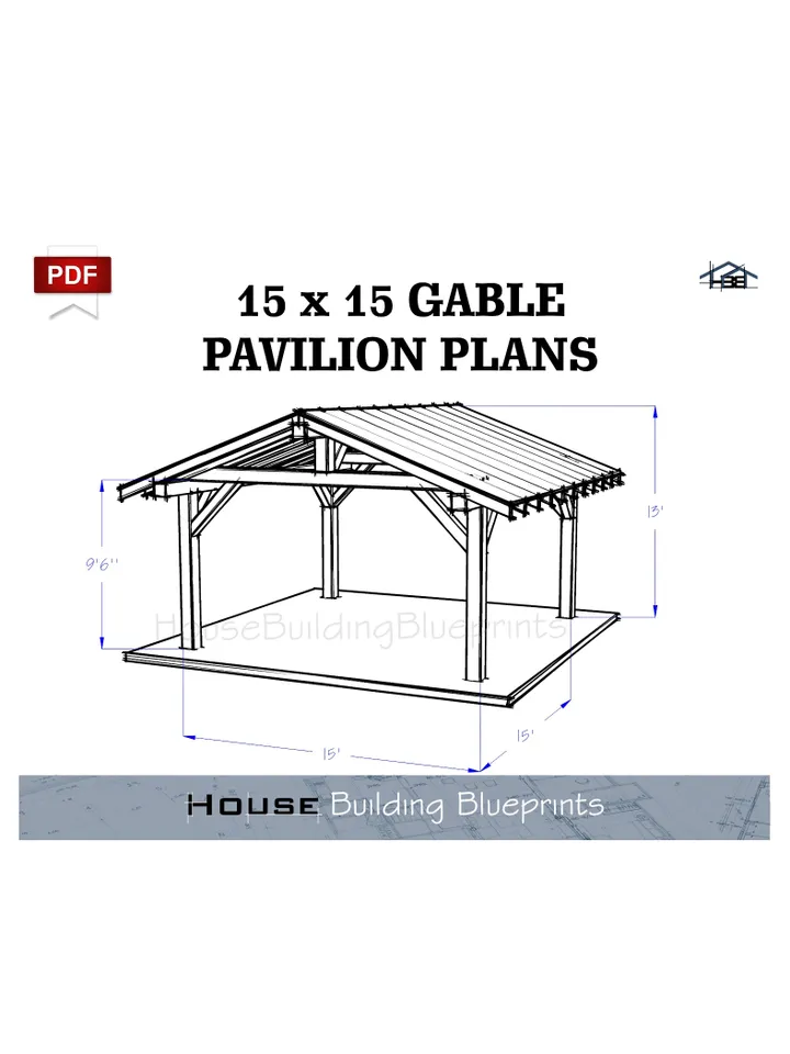 Covered 15' x 15' gable gazebo plans for DIY. Outdoor carport plans. Diy backyard wooden garage plans for patio in pdf.