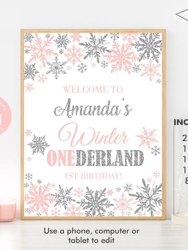 Winter Onederland Welcome Sign Peach Silver Winter Onederland 1st Birthday Girl Decorations, Snowflake Birthday Sign, Editable Template