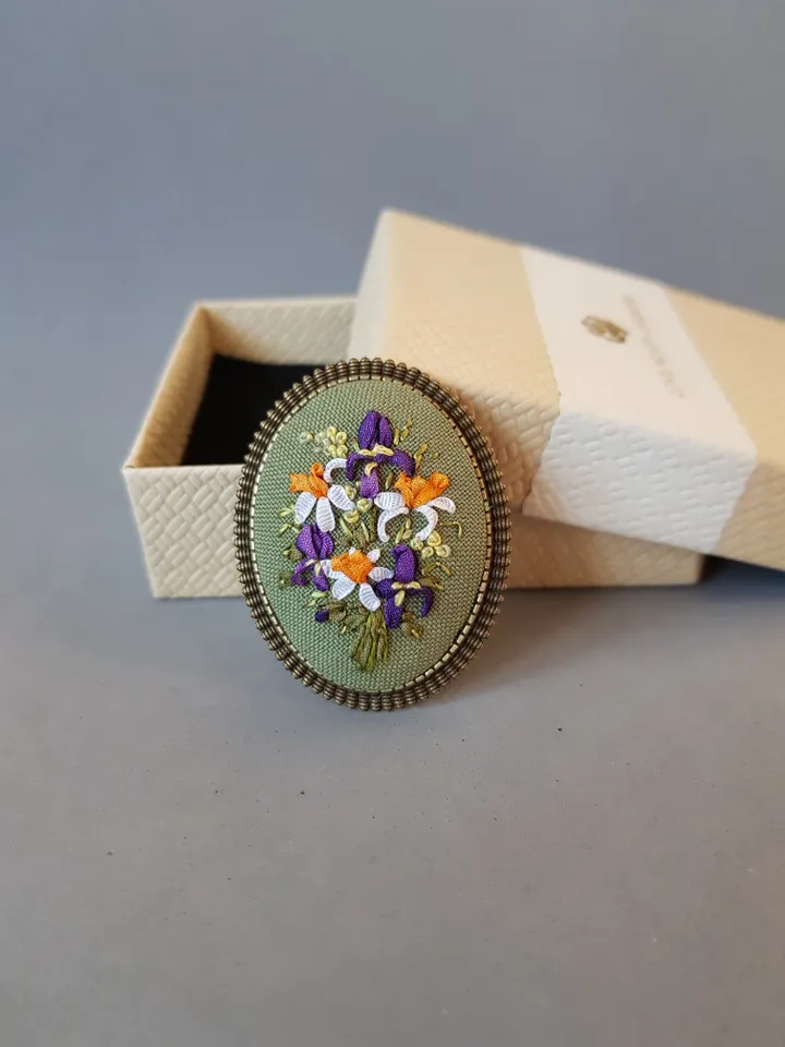 Hand embroidered brooch for her, iris embroidery jewelry, Mother day gift, ribbon embroidery,art.17