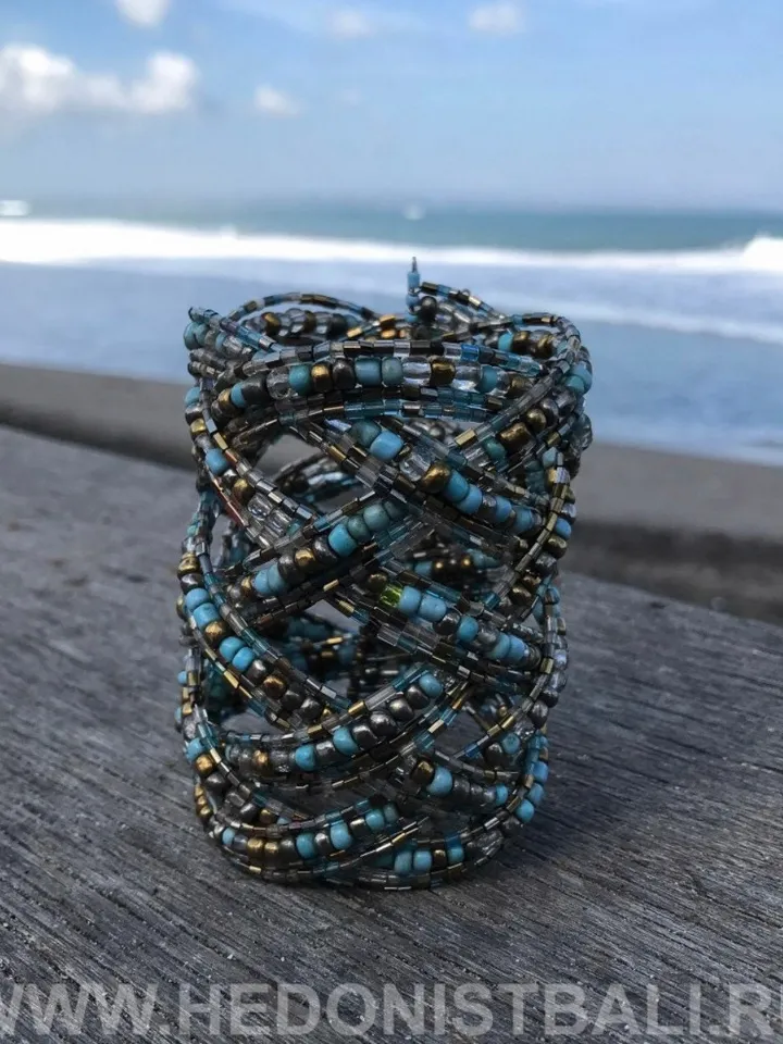 Wide Bead Handmade Bracelet Blue Silver | Boho summer wide bracelet | Summer Handmade Elegant Bracelet | Bead Handmade Hippie Bracelet Wide