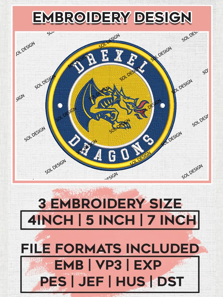 NCAA Drexel Dragons Round Logo Embroidery, NCAA Drexel Dragons Logo Embroidery files, NCAA Teams, Machine embroidery designs, Digital Download