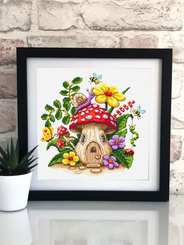 Magic mushroom house cross stitch pattern PDF download Fairy mushroom cross stitch chart, Summer flowers, Fly agaric Amanita, Butterfly #L66