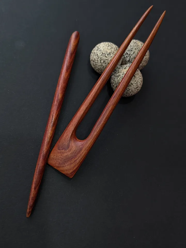 Classic set of wooden hairpin and hair stick made of valuable pao rose wood. Handmade carved hairpins.