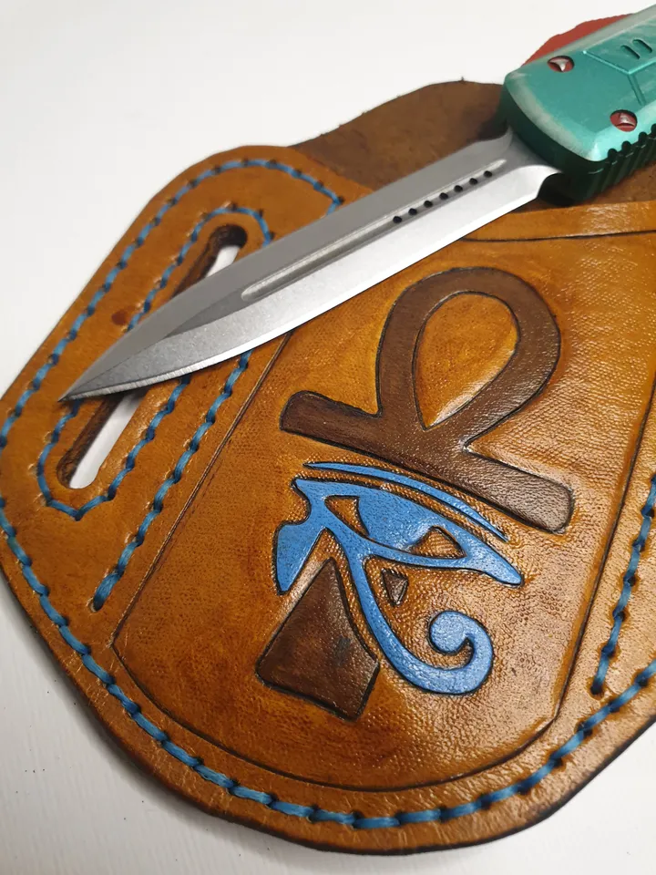 knife sheath, leather knife guard, knife pouch, knife and sheath, custom knife sheath, edc knife,customized handmade, ankh, leather sheath.