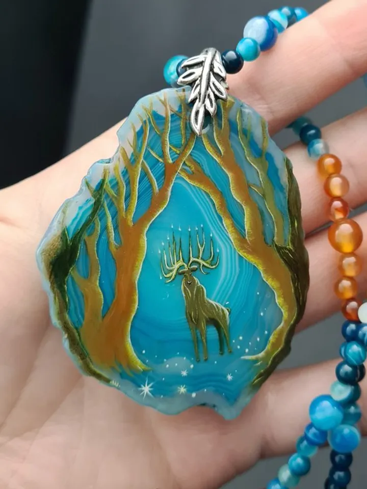 Deer necklace Agate necklace Real oil painting of deer Lacquer miniature