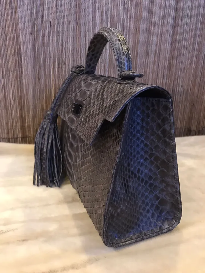 Top handle dark grey classy genuine python skin bag | exotic leather bags | Elegant women purse | snake skin bag | designer leather bag
