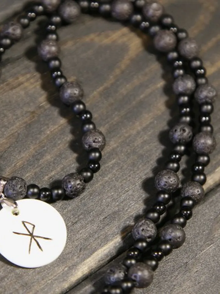 Raven or crow necklace with love rune on the other side. Nacre pearl pendant