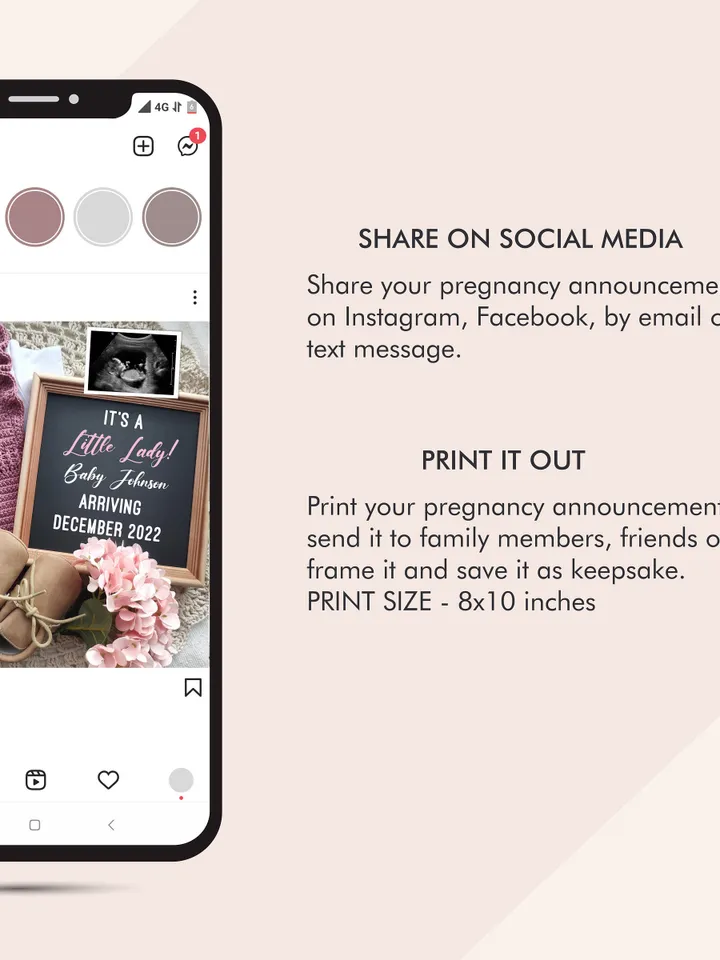 Girl Baby Announcement Digital Pregnancy Announcement for Social Media, Editable Template Digital File