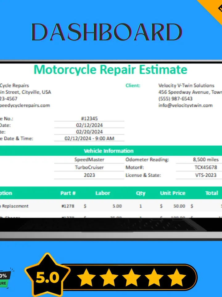 Motorcycle Repair Estimate Template, Editable Google Sheets Digital Download, Bike Repair Cost Tracker, Mechanic Invoice Sheet