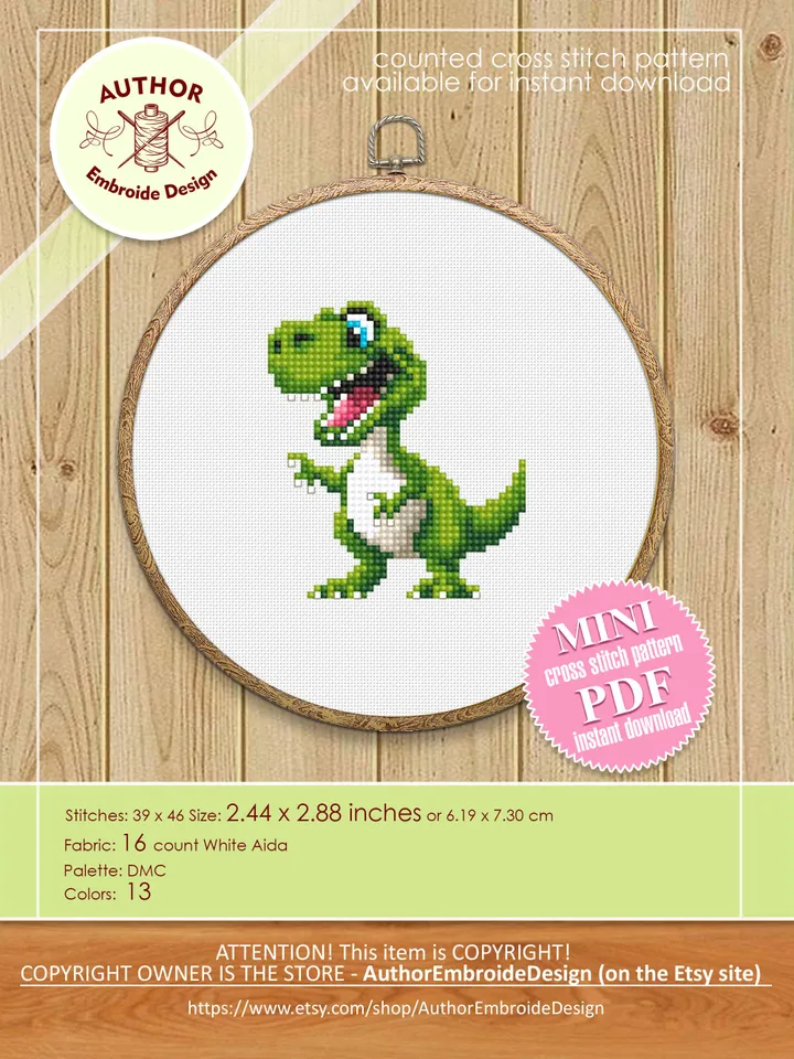 Dinosaur cross stitch pattern PDF download Set of 4 small t rex cross stitch chart, Cute dino pattern digital PDF, Jurassic animals #D15
