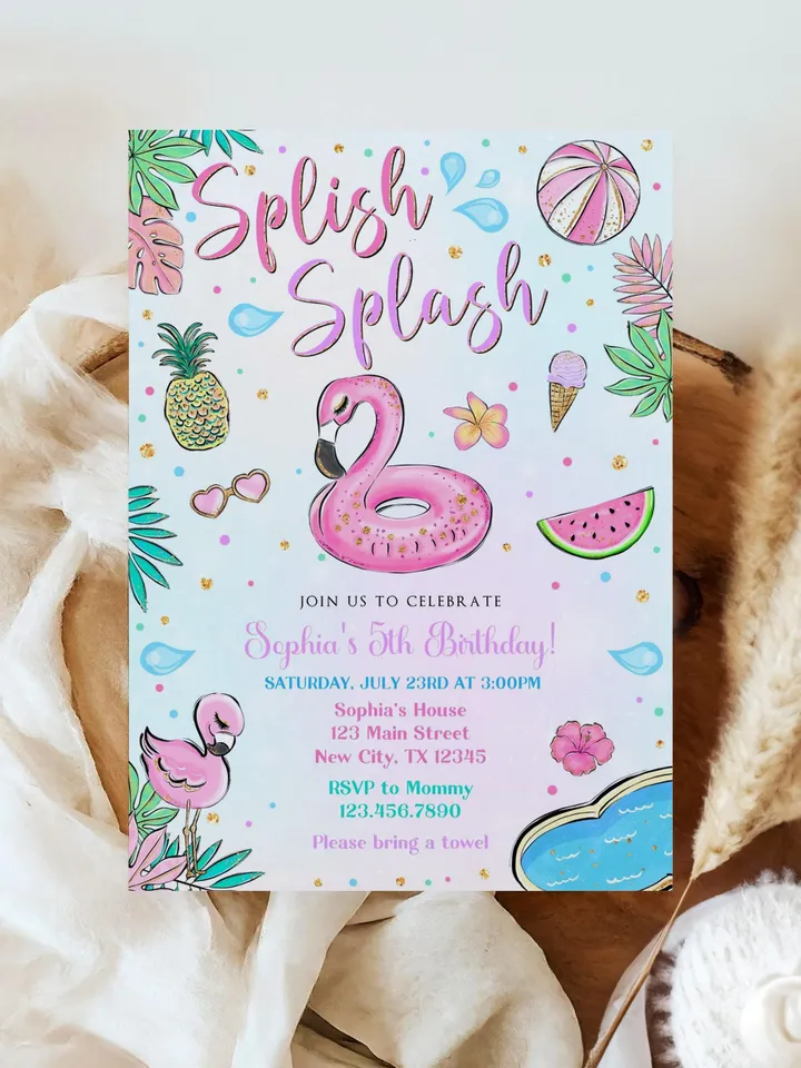 Flamingo Birthday Invitation, Splish Splash Birthday Invitation, Flamingo Pool Party Invitation Girl Instant Download Editable Template