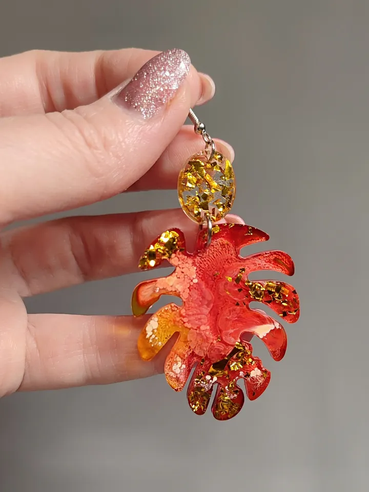 Monster leaf earrings, orange colored earrings, stylish earrings