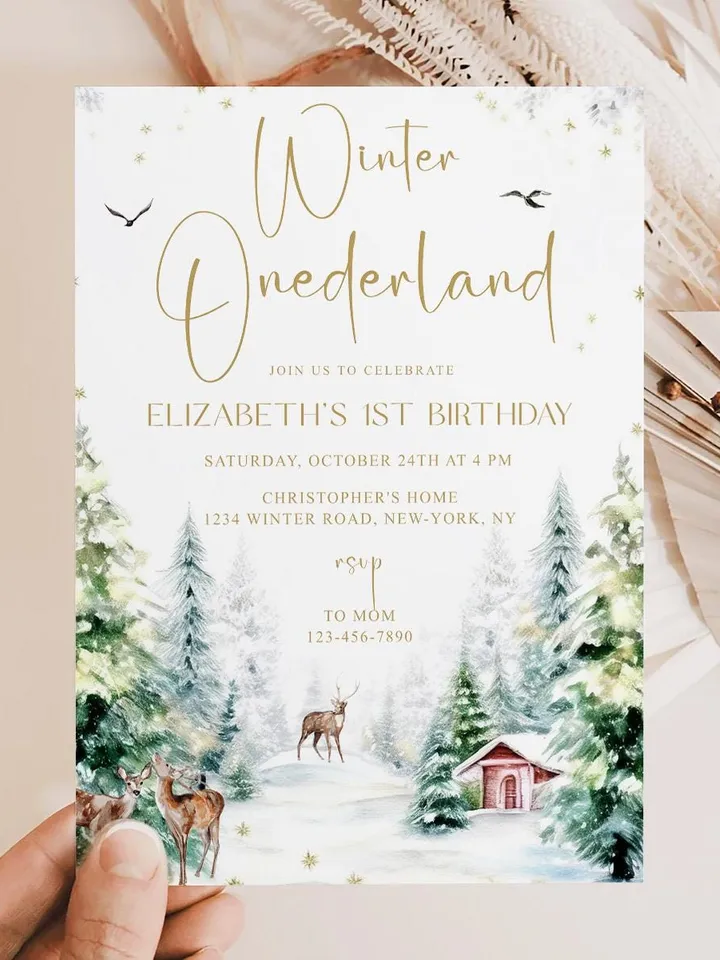 Winter Onederland 1st Birthday Invitation, Snow Woodland 1st Birthday Invite, Winter Onederland, Printable 1st Birthday Invitation - I128