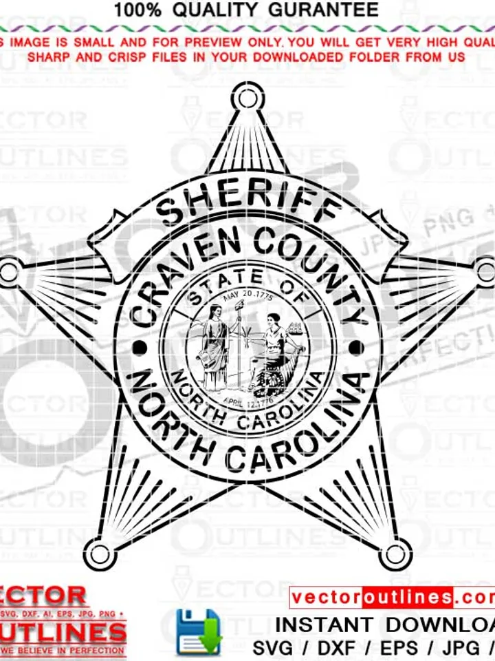 Craven County Sheriff, Star Svg Badge Vector Line Art, CNC Cutting, Laser Engraving, Cricut, Vinyl Cut, Digital Cutting Machine File, North Carolina