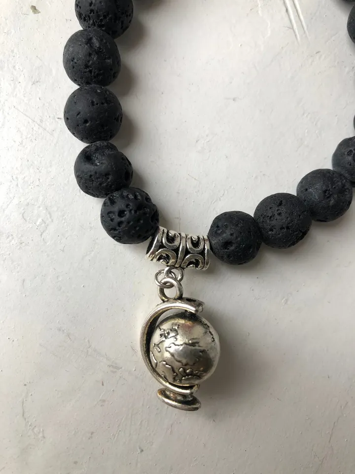 Lava Stone Globe Pendant woman handmade beaded bracelet | Gift for travellers | Spinning Pendant Jewerly | Bali Lava Jewerly Bracelet
