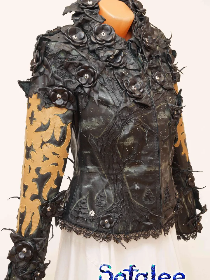 The luxury 3D floral women's Jacket of black genuine leather with beige application,Handmade aristocratic style clothing