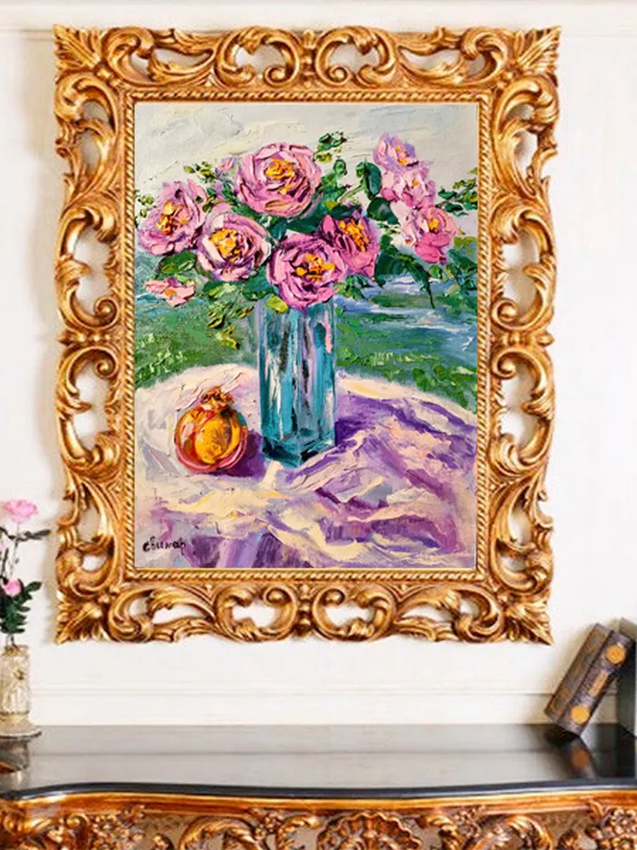 Pomegranate Glass Vase Flowers Pink Roses Impasto Oil Painting Original Artist Svinar Oksana