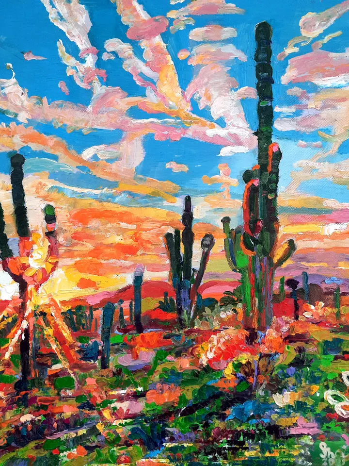 Sonoran Desert Original Oil Painting Impasto Oil on Canvas