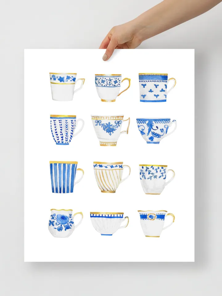 Teacups Art Print Blue And White Watercolor Painting Chinoiserie Wall Art Poster Tea Art Gift For Tea Lovers Vintage Tea Cups Kitchen Print