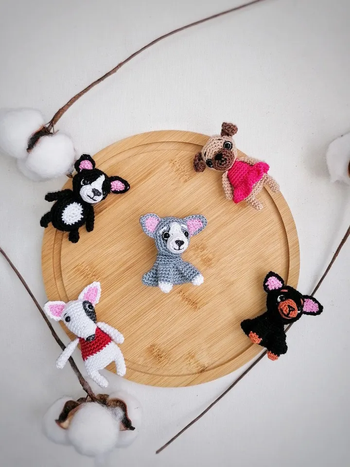 PDF Crochet Dogs Brooches SET Pattern: Bull Terrier , Pug, Siberian Husky, Pinscher, Bulldog, Amigurumi dog, Crochet Animal Pattern