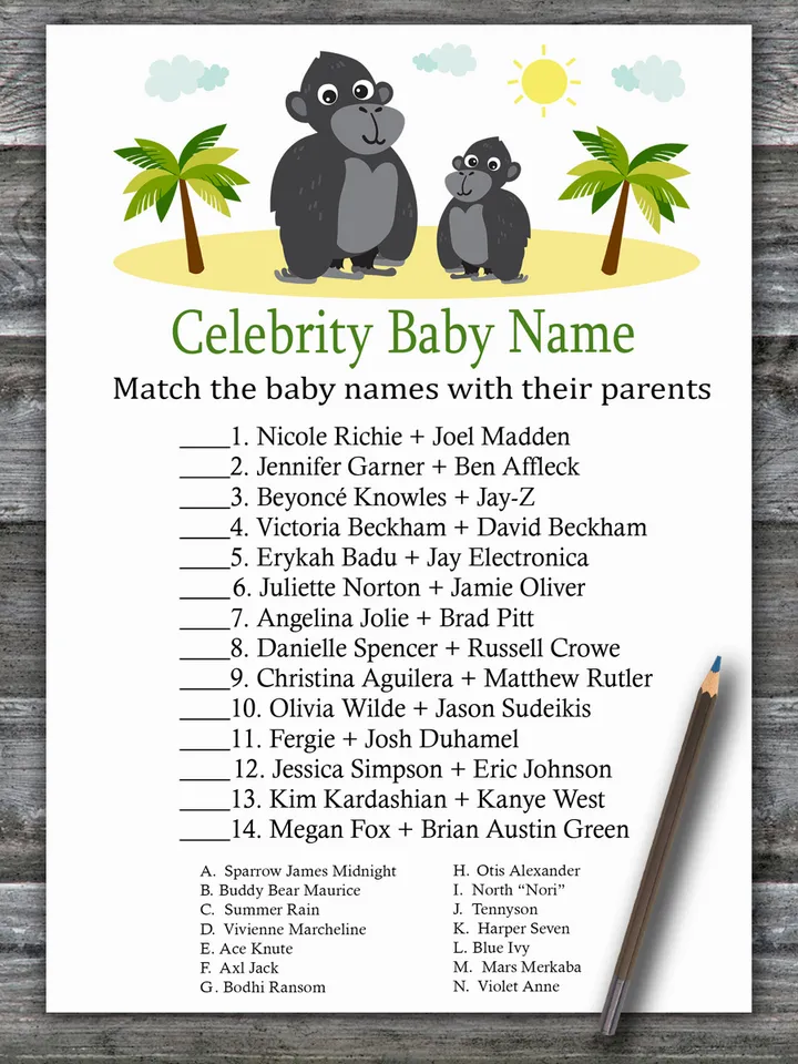 Gorilla Celebrity baby name game card,Jungle Baby shower games ...