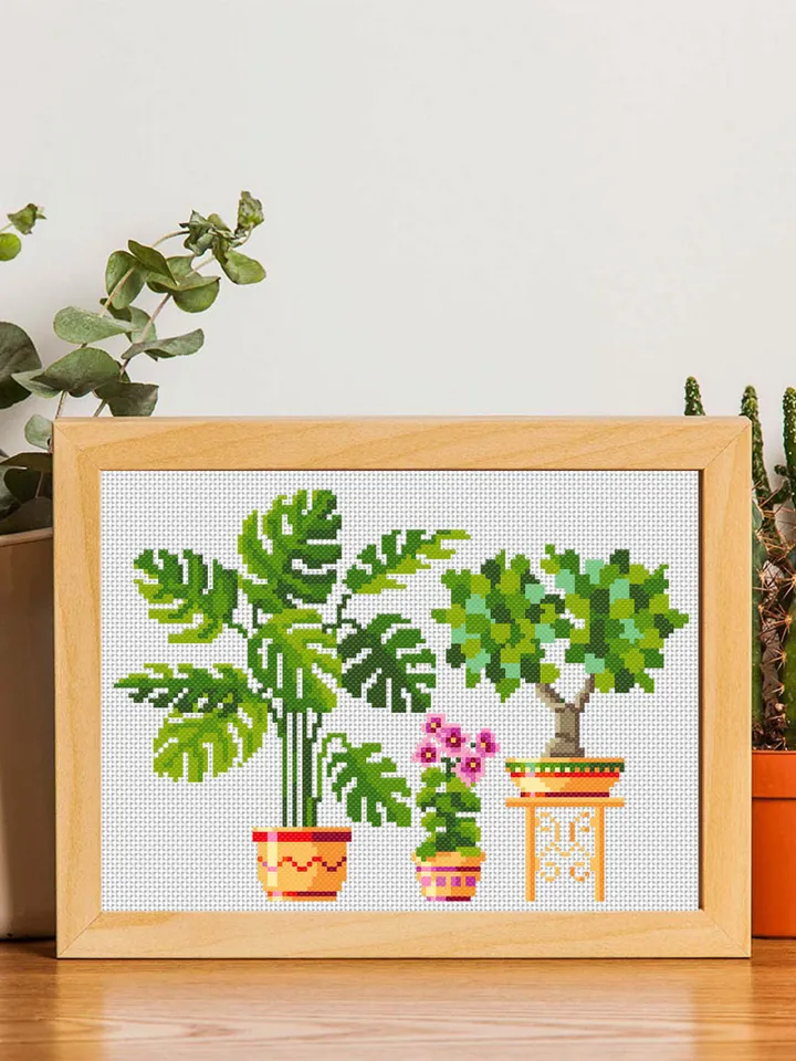 Potted house plants cross stitch pattern download PDF Floral cross stitch sampler, Monstera plant embroidery PDF, Plant lover gift #P11