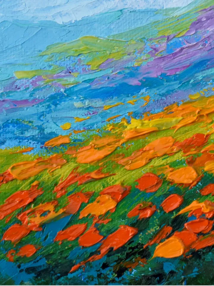 California poppies painting Mountain Landscape Small Original Art 5 by 7 in Wildflower Painting by Juliya JC