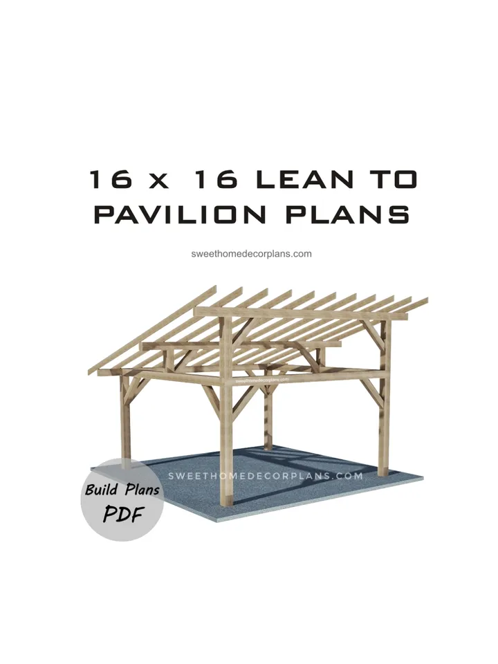 Diy 16 x 16 lean to pavilion plans in pdf. Carport plans. Wooden covered gazebo outdoor plans. Timber frame backyard pavilion plans.