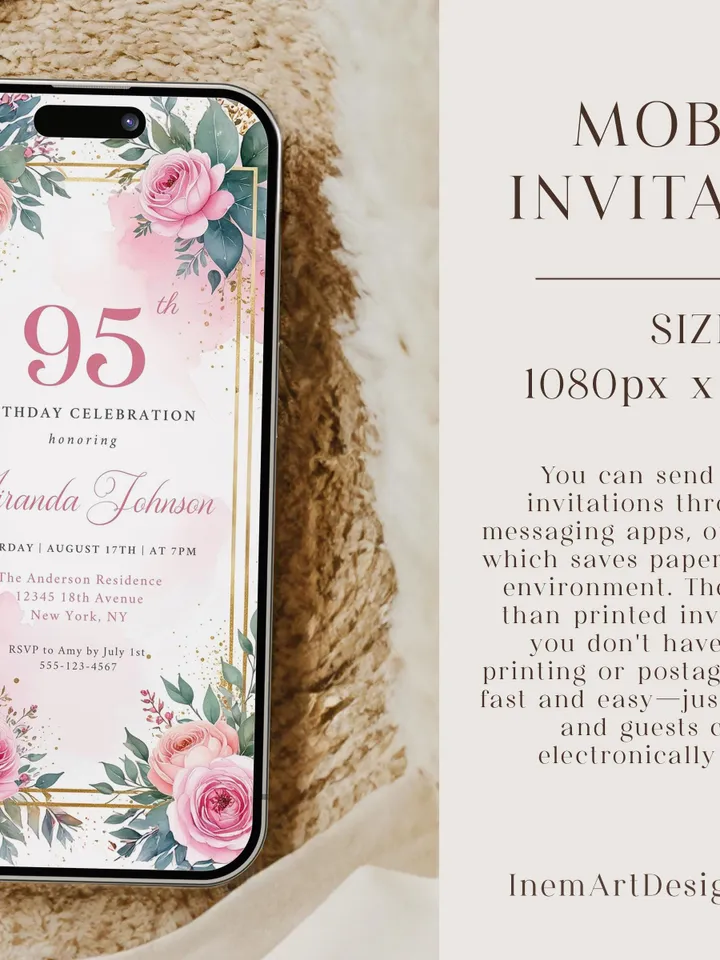 95th Birthday Invitation for Women – Pastel Dusty Pink Floral & Gold, Elegant Printable Party Invite for Grandma or Mom, Canva Template