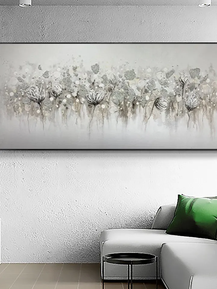 Abstract Blossom Floral Oil Painting on Canvas, Large Original Textured White Grey Poppy Bouquet Acrylic Painting Living Room Wall Art Decor