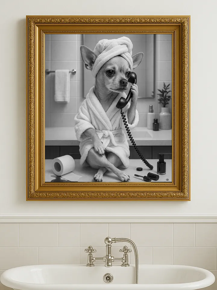Funny Chihuahua Bathroom Wall Art, Dog in Bathrobe on Phone Print, Cute Pet Humor Digital Download