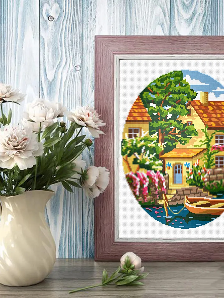 Summer home cross stitch pattern download PDF Village house cross stitch chart Nature landscape river cross stitch Home sweet home #L10