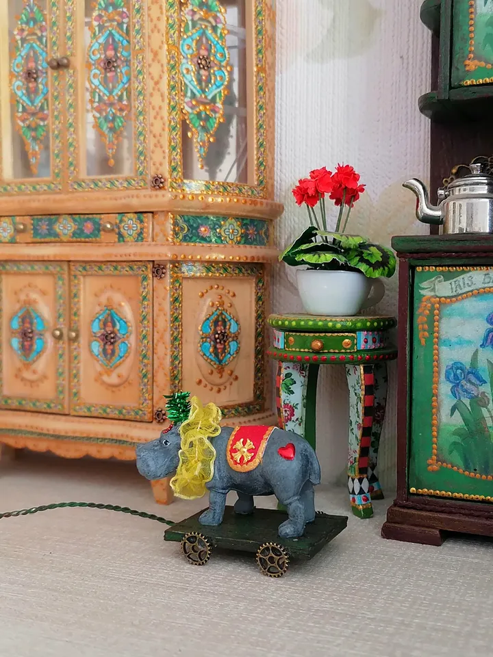 Hippo on a cart. Vintage toy. Circus toy.1:12 scale.