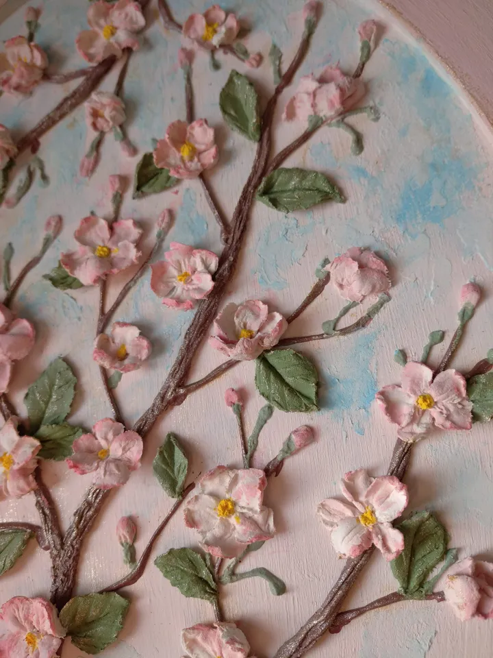 Mother's Day gift Oval painting with cherry blossoms in pink frame Sakura painting Floral painting
