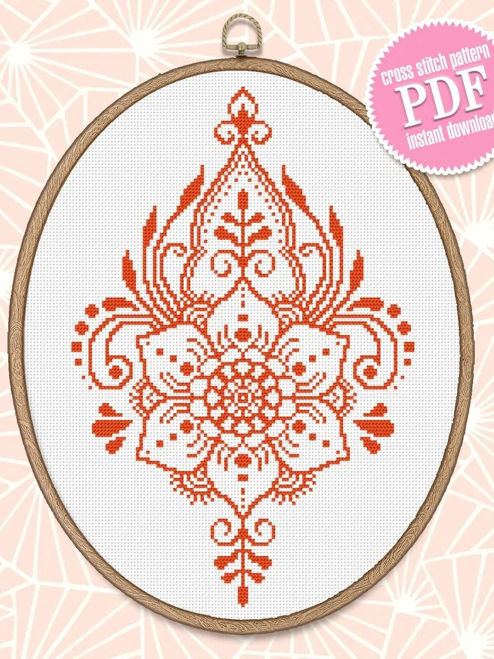 Flower cross stitch pattern download PDF, Monochrome mandala cross stitch chart, Modern beginner stitch, Floral ornament embroidery PDF #M55