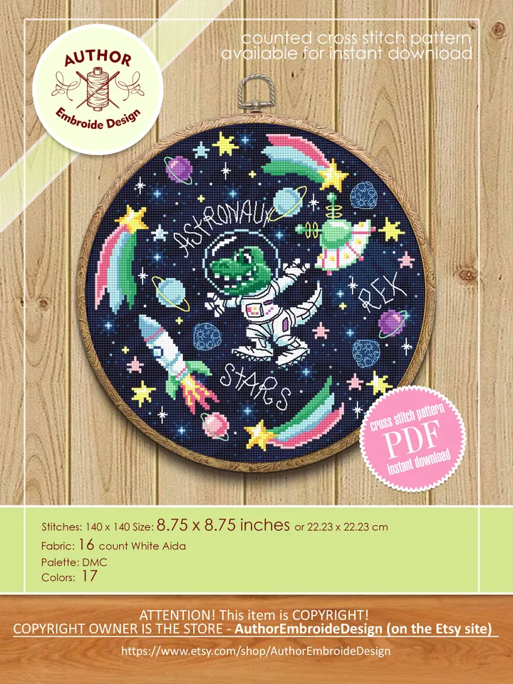 Space dinosaur cross stitch pattern PDF download Funny tyrannosaurus rex in space cross stitch chart, Astronaut dinosaur embroidery PDF #K58
