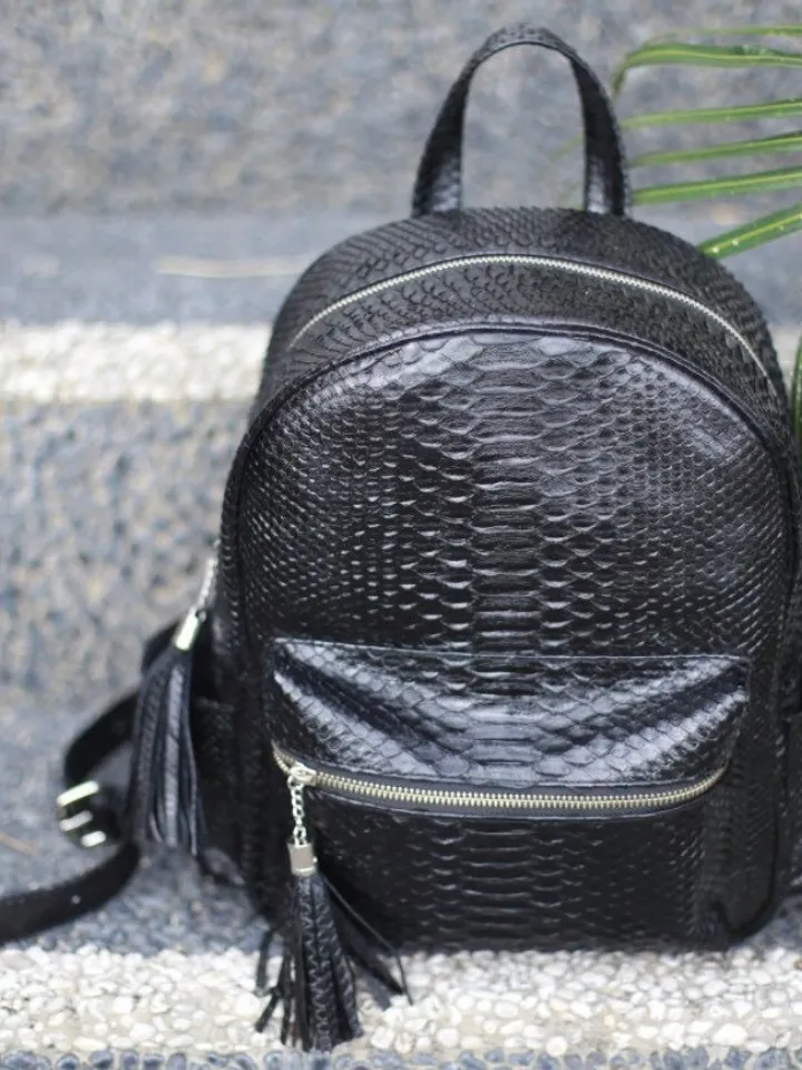 Genuine python Skin Backpack | Exotic Leather Backpack | Black Leather Shiny Backpack | Python skin Bags | Women Backpack | Unisex Backpack