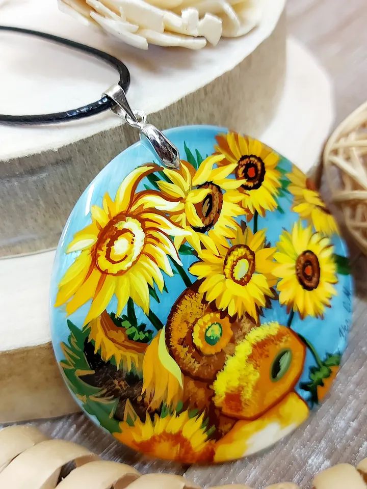 Sunflowers. In the style of Van Gogh. Mother-of-pearl. The Van Gogh pendant. Hand-painted necklace pendant. Hand painted miniature painting.