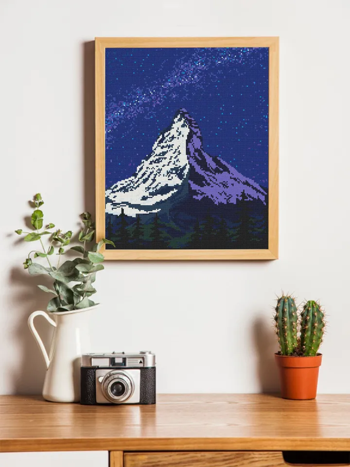 Mount Everest cross stitch pattern download PDF Mountain landscape cross stitch chart Nature beginner stitch Starry night sky digital #L32