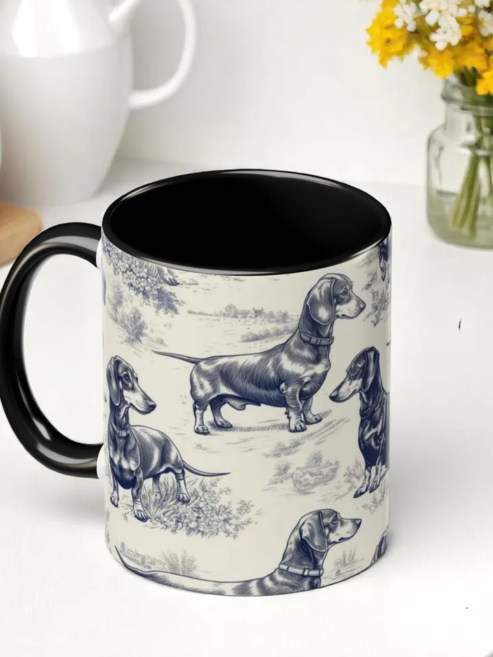 Dachshund French Toile de Jouy Ceramic Mug, Toile Coffee Cup for Doxie Mom, Sausage Dog Lover Gifts, Dog Tea Drinkware, Gift For Dog Lovers