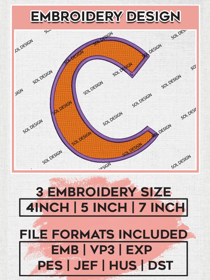 Clemson Tigers Team C Letter Logo embroidery designs, NCAA Clemson Tigers Logo Machine embroidery designs, NCAA Team Logo embroidery designs, NCAA Game Day Machine embroidery designs, Digital Download
