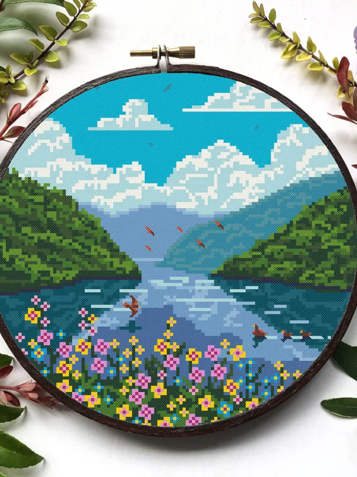 Nature cross stitch pattern download PDF Summer landscape cross stitch Flowers xstitch chart National park digital DIY Home decor nature #L8