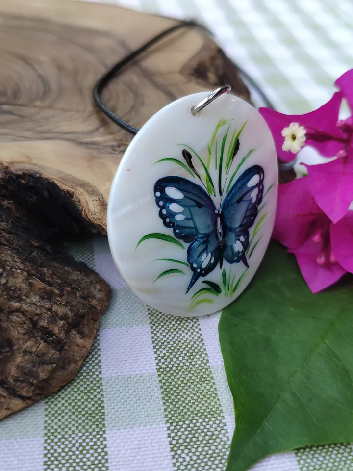 Pearl pendant necklace: Elegant Blue Butterfly hand painted on shell pendant • Unique dainty handcrafted jewellery • Stylish aesthetic gift