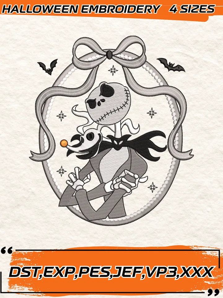 Coquette Halloween Bow Jack And Zero Embroidery Design,Halloween Cartoon Embroidery Design,4 Sizes, Digital Download
