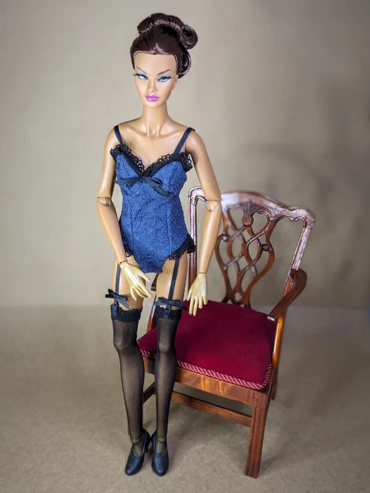 Handmade blue & black lingerie set for 16-inch Fashion Royalty dolls (FR16)