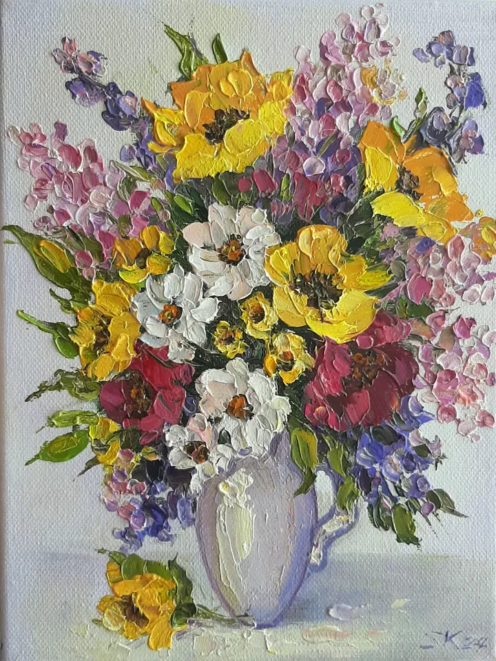 Yellow flower oil painting Original art Wildflowers Palette knife painting Wall art