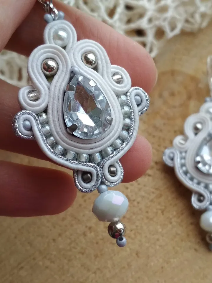 Wedding Earrings, White Silver Bridal earrings, rhinestone earrings, soutache earrings