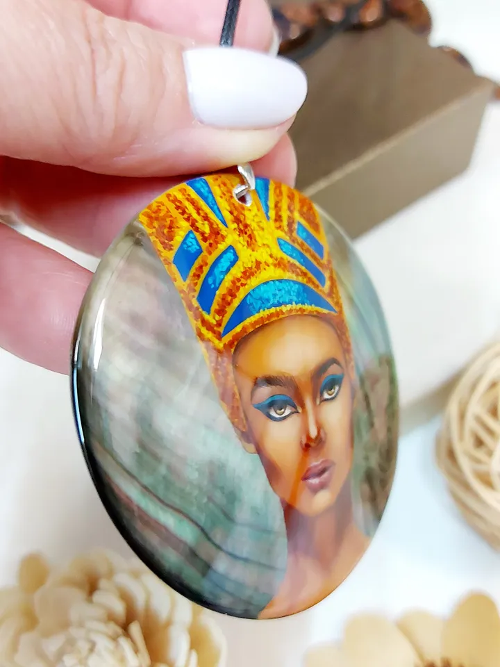 Pearl pendant necklace: Queen Nefertiti on handmade necklace, charming shell pendant painted in Fedoskino style, jewelry for evening dress