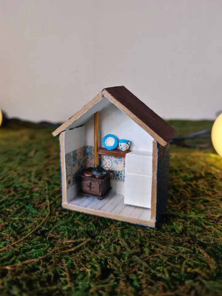 Micro Dollhouse Retro Kitchen Mini with Furniture scale 1:100